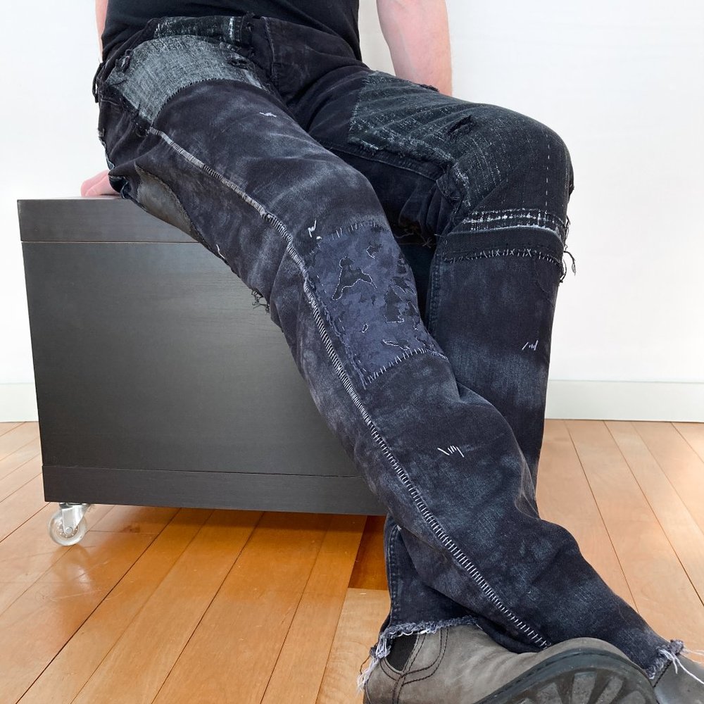 Black Rocker Jeans Acid Wash Metallic Silver Denim - Picture 6 of 16